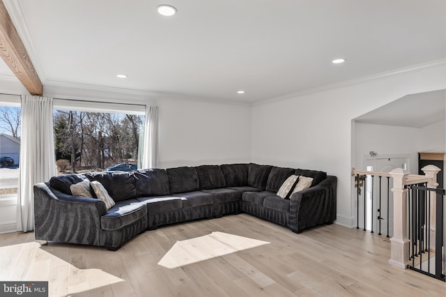 living room featuring crown molding and light wood-type flooring