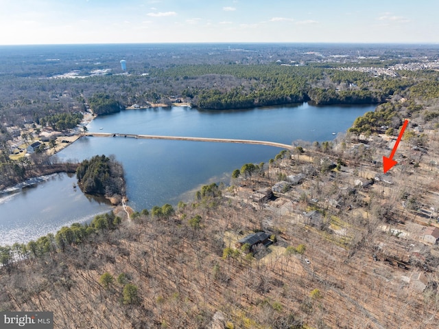 drone / aerial view featuring a water view