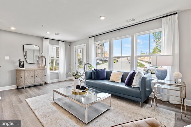 living room with light hardwood / wood-style floors