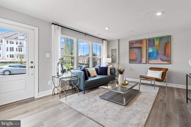 living room with light hardwood / wood-style flooring