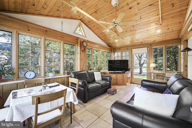 living room featuring a ceiling fan, lofted ceiling, wooden ceiling, and light tile patterned flooring