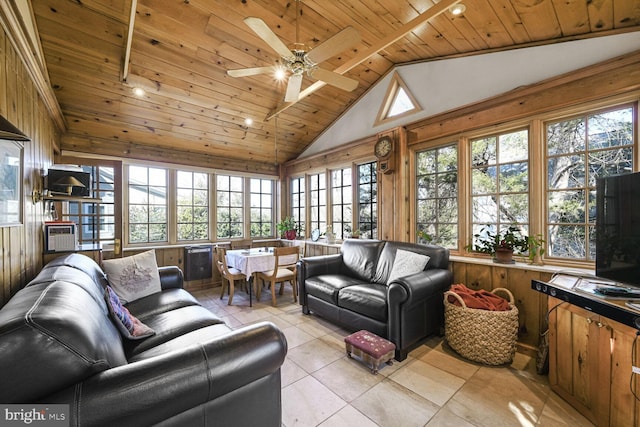 sunroom with wooden ceiling, vaulted ceiling, and ceiling fan