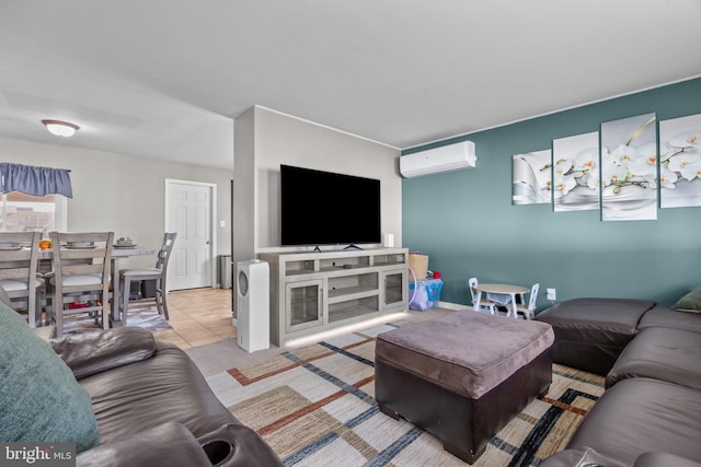 tiled living room with a wall mounted AC