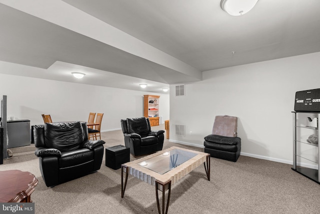 living room featuring light carpet