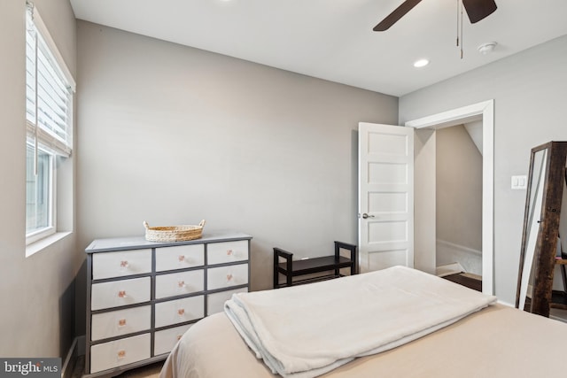 bedroom with ceiling fan and recessed lighting