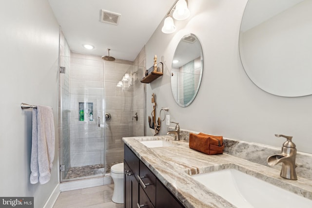 full bath featuring a sink, visible vents, and a shower stall