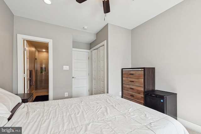 bedroom with recessed lighting, a closet, ensuite bathroom, a ceiling fan, and baseboards