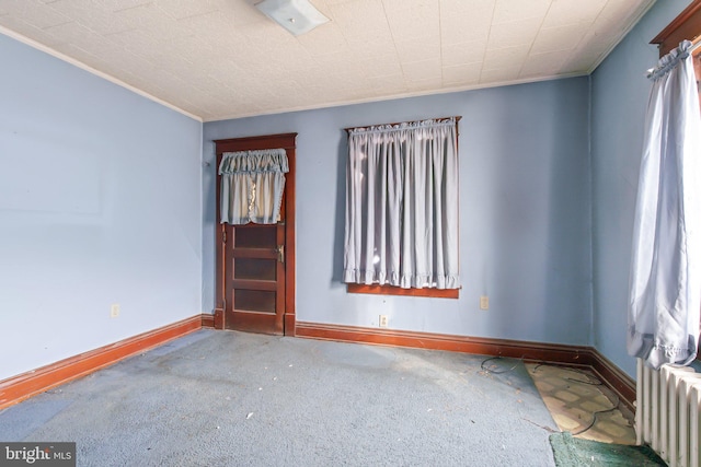 carpeted spare room with crown molding and radiator