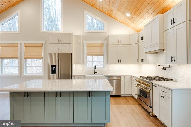 kitchen featuring sink, wood ceiling, premium appliances, a kitchen island, and white cabinets