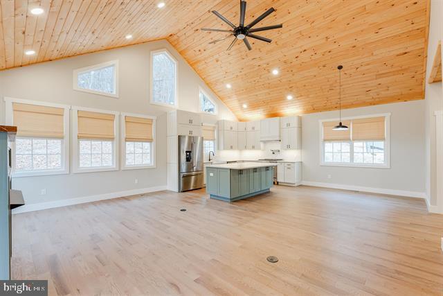 unfurnished living room with sink, high vaulted ceiling, light hardwood / wood-style flooring, wooden ceiling, and ceiling fan