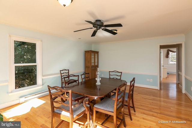 dining room with crown molding, ceiling fan, light hardwood / wood-style floors, and baseboard heating