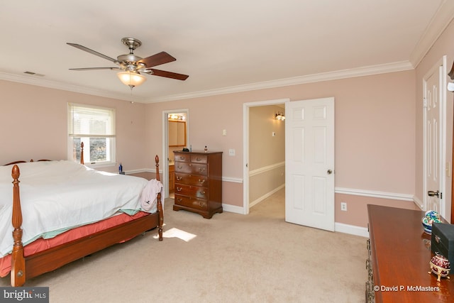 bedroom featuring light colored carpet and ornamental molding