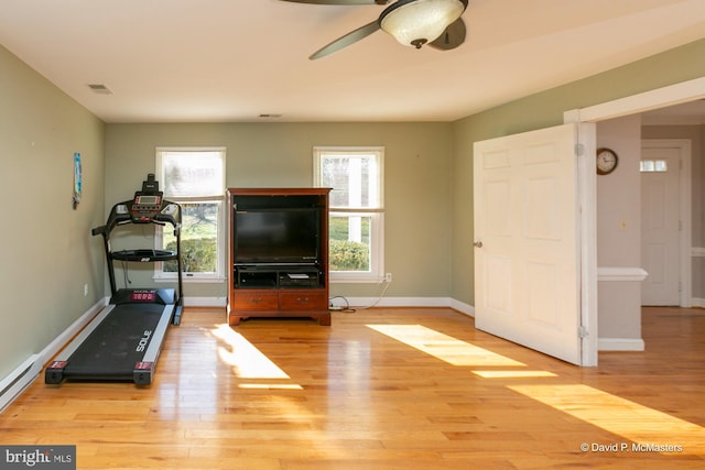 workout area featuring plenty of natural light, ceiling fan, and light wood-type flooring