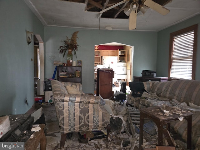 living room featuring crown molding and ceiling fan