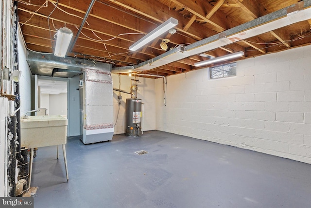 basement with sink and water heater