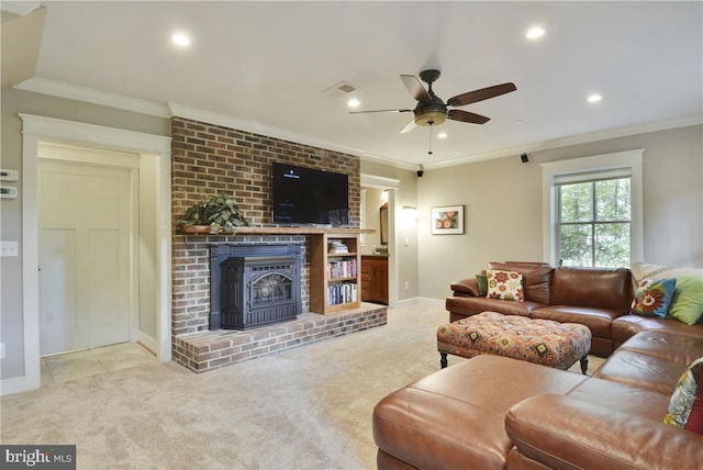 living room featuring light carpet, crown molding, and ceiling fan