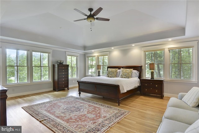 bedroom with a raised ceiling, vaulted ceiling, ceiling fan, and light wood-type flooring