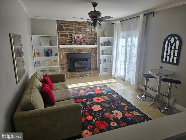 tiled living room with a ceiling fan and crown molding