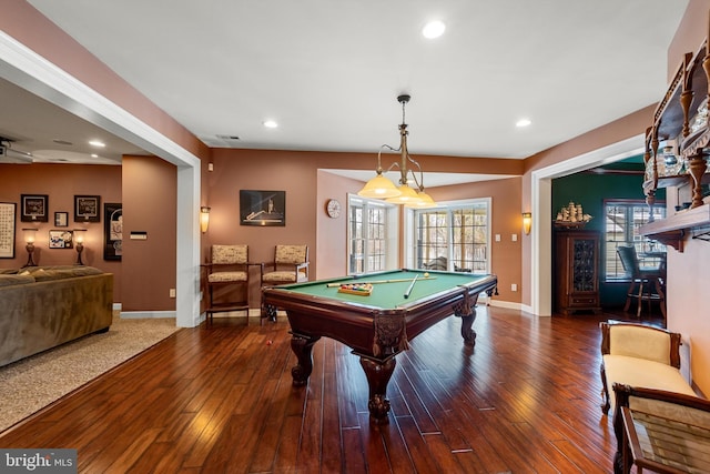 rec room featuring hardwood / wood-style floors and billiards