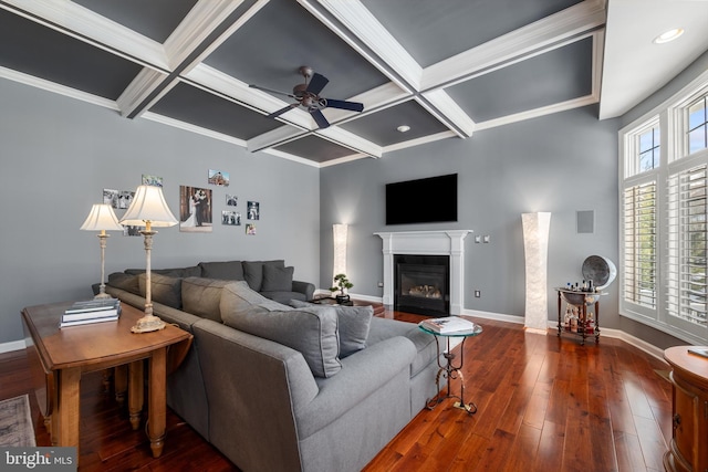 living room featuring coffered ceiling, dark hardwood / wood-style flooring, plenty of natural light, and ceiling fan