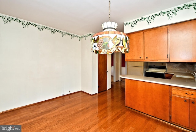 kitchen with hardwood / wood-style flooring, hanging light fixtures, and sink