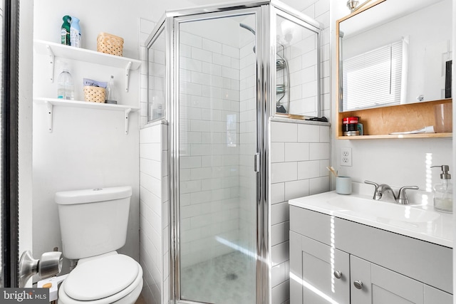 bathroom featuring vanity, toilet, and a shower stall