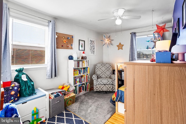 recreation room featuring a ceiling fan