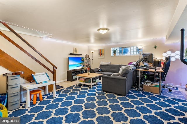 living room with tile patterned floors