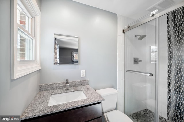 full bathroom featuring plenty of natural light, a stall shower, and toilet