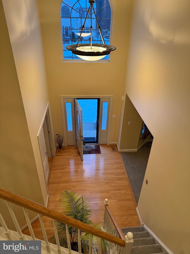 entryway featuring a towering ceiling and light hardwood / wood-style floors