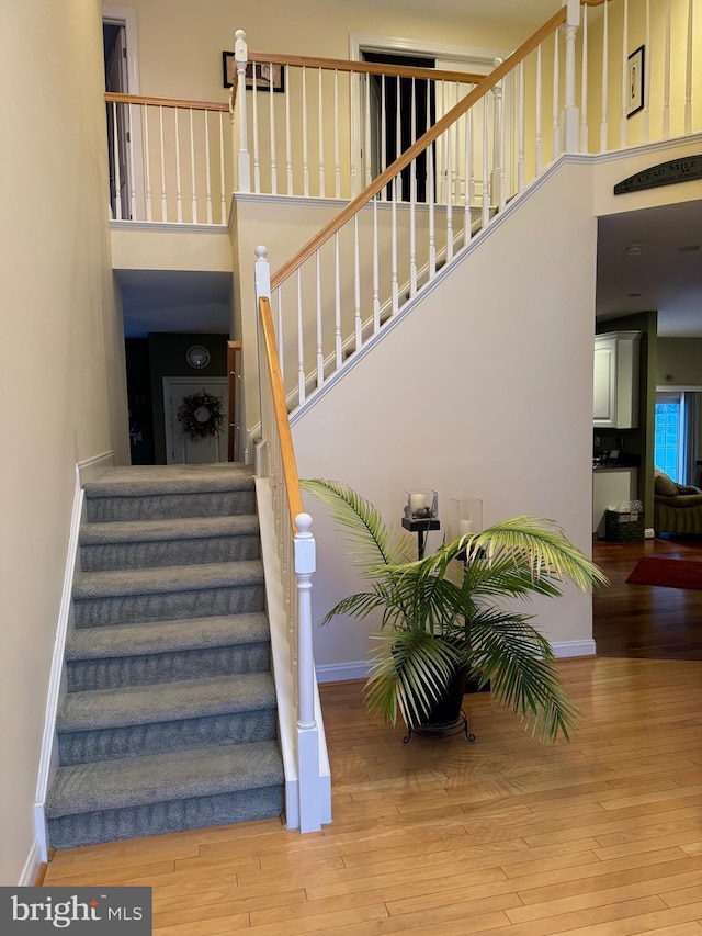 staircase with hardwood / wood-style flooring and a high ceiling