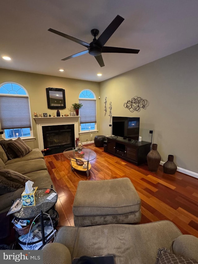 living room with ceiling fan and hardwood / wood-style floors