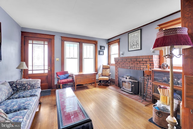 living area featuring wood finished floors and a wood stove
