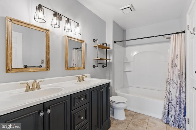 bathroom with tile patterned flooring, visible vents, toilet, and a sink