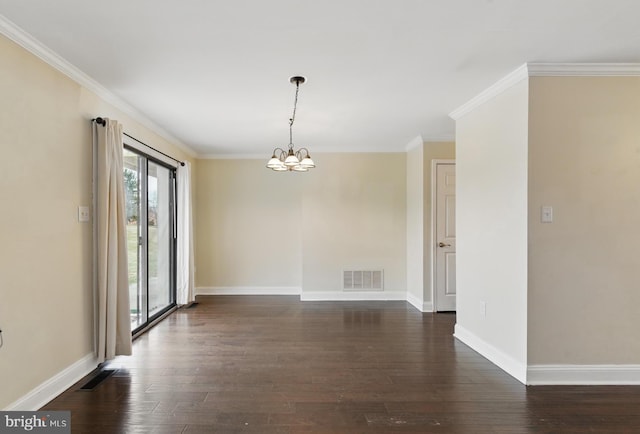 unfurnished room featuring a notable chandelier, visible vents, baseboards, and dark wood-style flooring