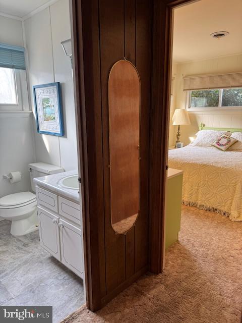 bathroom with vanity, ornamental molding, and toilet