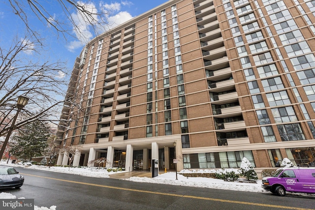 view of snow covered building