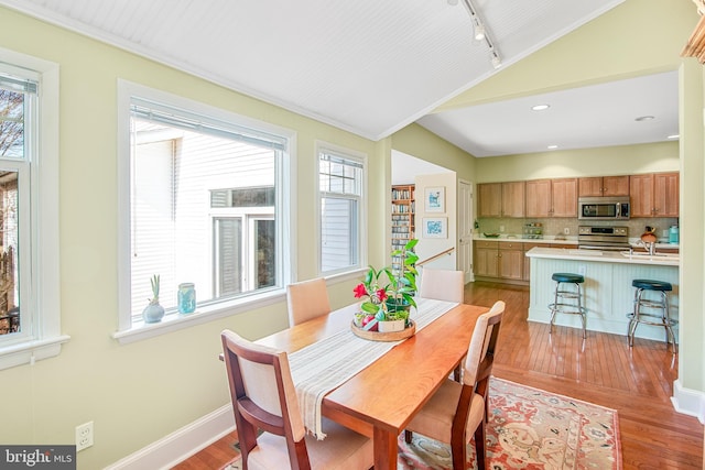 dining space featuring a wealth of natural light, vaulted ceiling, track lighting, and light wood-type flooring