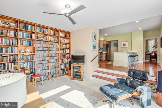 living area with sink and light colored carpet