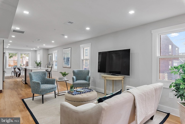 living room with light hardwood / wood-style flooring