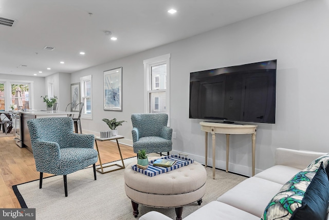 living room with light hardwood / wood-style flooring