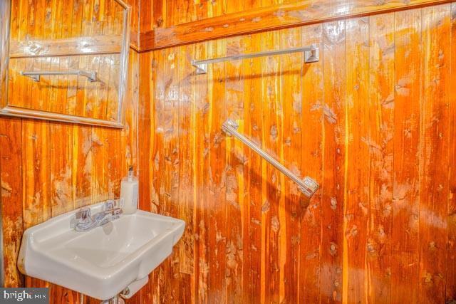 bathroom with a sink and wooden walls