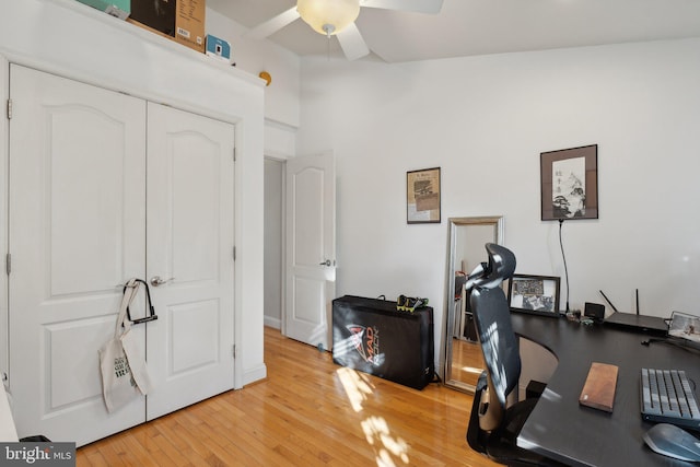 office space with ceiling fan and wood-type flooring