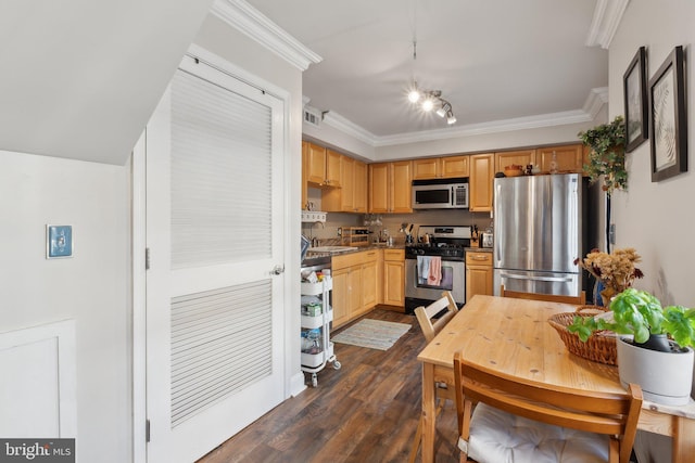 kitchen with light brown cabinetry, dark wood-type flooring, crown molding, and stainless steel appliances