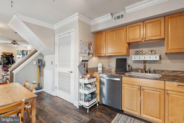 kitchen featuring stainless steel dishwasher, ceiling fan, ornamental molding, sink, and dark hardwood / wood-style floors