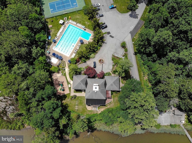 aerial view featuring a water view