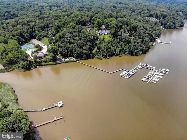 drone / aerial view featuring a water view