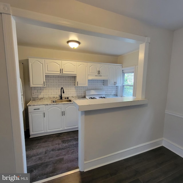 kitchen featuring a sink, white cabinets, light countertops, backsplash, and dark wood-style floors