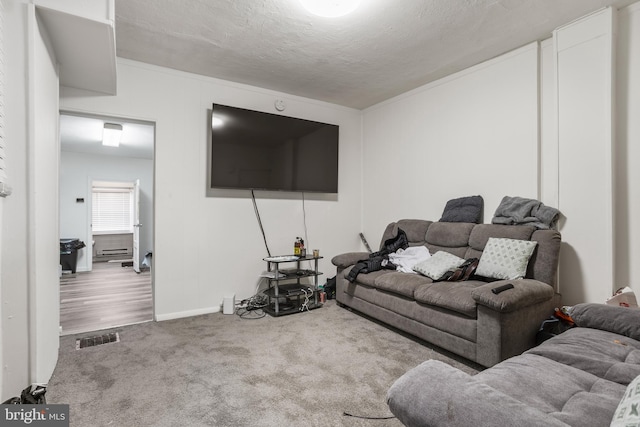 living room featuring carpet floors and a textured ceiling