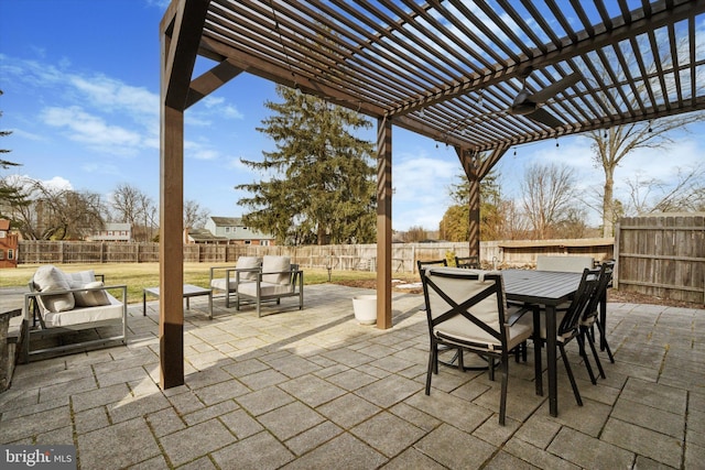 view of patio with an outdoor living space and a pergola